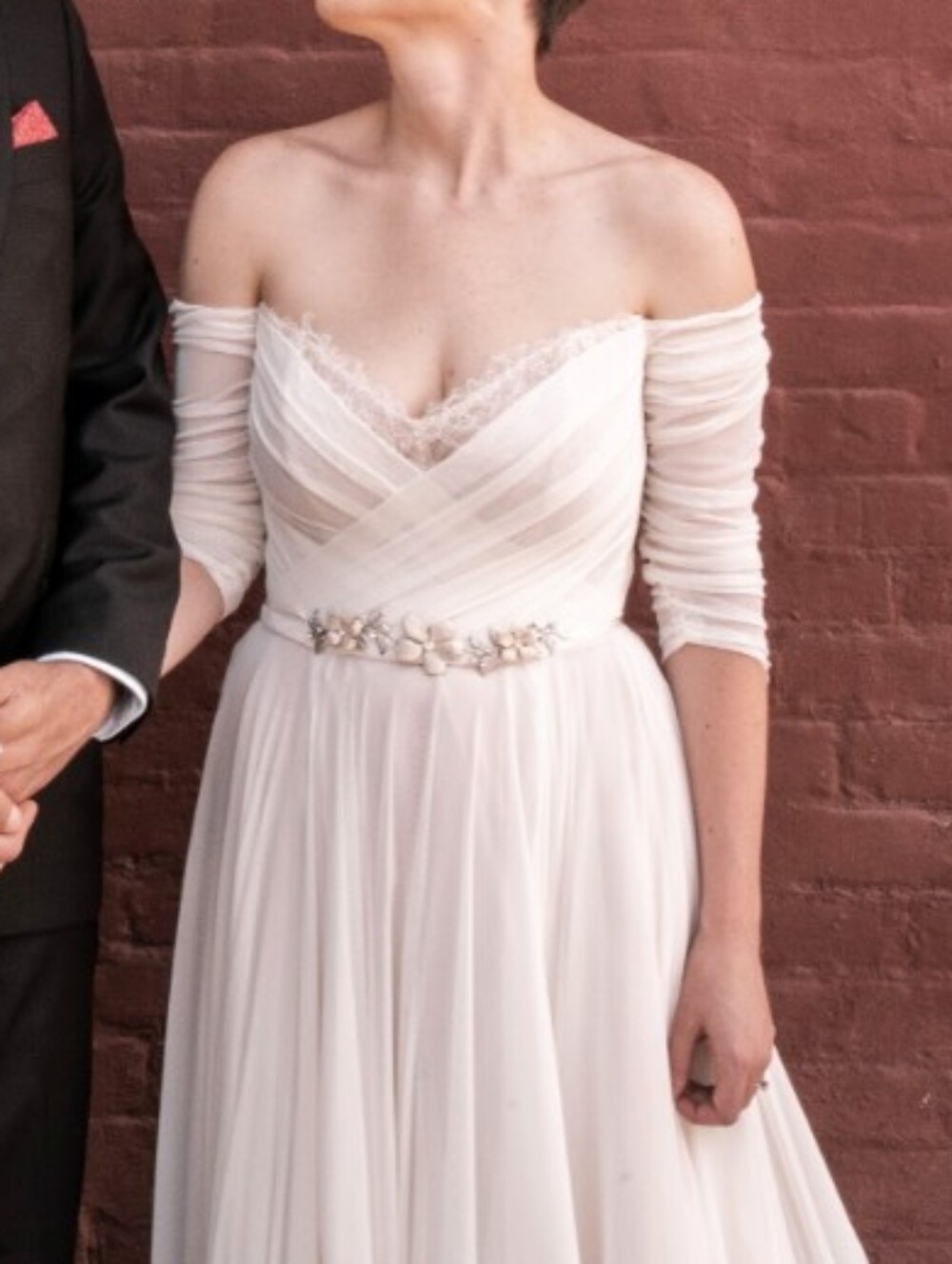 Wtoo by Watters Miles Gown, Off-Shoulder Ivory Wedding Dress with Lace Trim